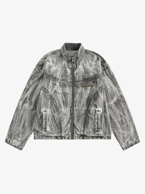 Chaqueta denim acid wash con cierre y estampado en la espalda – Gris acid wash, vista frontal | XoKool