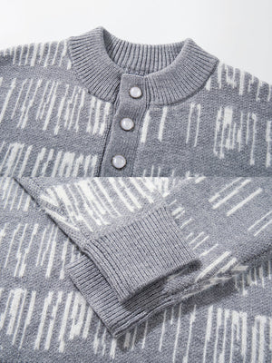 Jacquard henley sweater – Grey, button placket and cuff close-up | XoKool