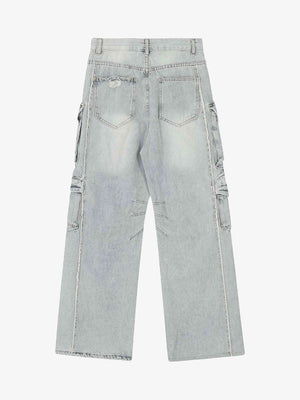 Ripped Multi-Pocket Cargo Jeans – Light Blue, back view | XoKool