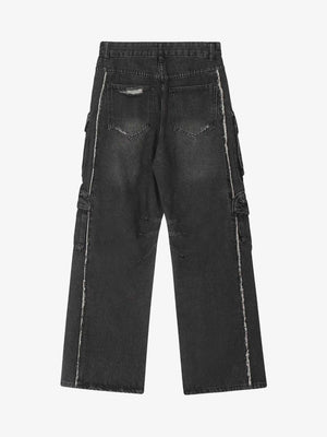 Ripped Multi-Pocket Cargo Jeans – Washed Black, back view | XoKool
