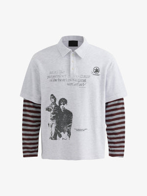 Polo de manga larga de punto waffle con estampado de foto – Gris jaspeado, vista frontal | XoKool