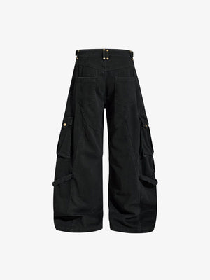 Khaki Wide Leg Cargo Pants with Buckle Tabs – Black, back view | XoKool