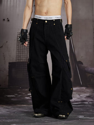 Khaki Wide Leg Cargo Pants with Buckle Tabs – Black, on model front | XoKool