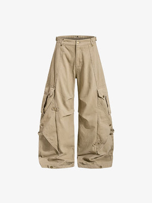 Khaki Wide Leg Cargo Pants with Buckle Tabs – Khaki, front view | XoKool