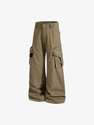 Khaki Wide Leg Cargohose mit Mesh-Taschen – Khaki, flach von der Seite | XoKool