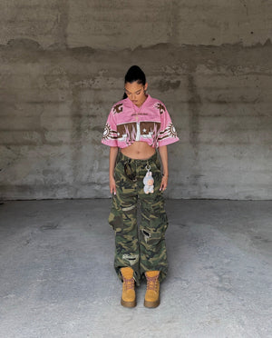 Ripped Camo Cargo Pants with Slight Flare – on model, full front (women) | XoKool