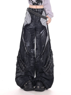 Wide Leg Jeans mit Schnürung und Kontrast-Panels – am Model, Vorderseite | XoKool