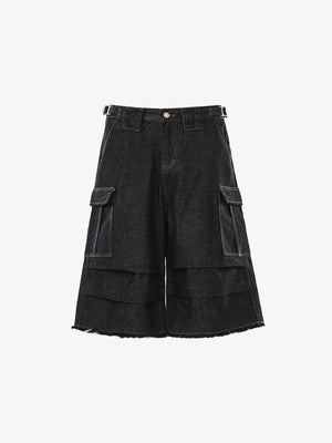 Layered Baggy Cargo Jorts mit Raw Hem – Schwarz, Vorderseite flach | XoKool