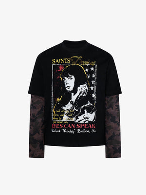 Layered Camo Longsleeve mit Portrait-Print – Schwarz, Vorderansicht | XoKool