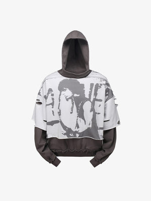 Layered Grunge Hoodie with Face Print Overlay – front flat | XoKool