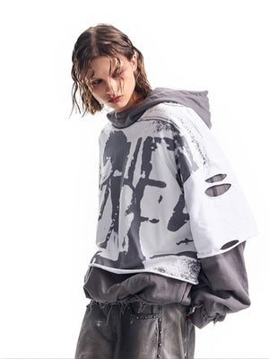 Layered Grunge Hoodie with Face Print Overlay – on model (woman), three-quarter | XoKool