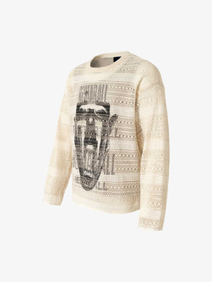 Layered Lace Knit Face Graphic Sweater – Beige, side view | XoKool