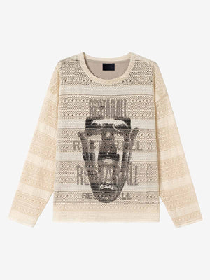 Layered Lace Knit Face Graphic Sweater – Beige, front flat lay with lining | XoKool