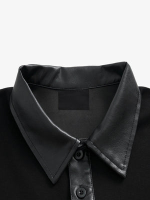 Layered long sleeve polo – Black, faux leather collar close-up | XoKool
