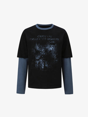 Layered Longsleeve mit Faded-Foto-Print – Schwarz / Schieferblau, Vorderseite flach | XoKool