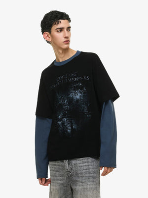 Layered Longsleeve mit Faded-Foto-Print – am Model, Schwarz / Schieferblau, Dreiviertel-Vorderansicht | XoKool