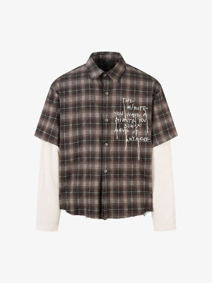 Layered Plaid Shirt with Waffle Knit Sleeves – Brown Plaid, front view | XoKool