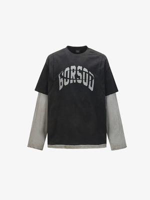 Layered Varsity Letter Long Sleeve Tee – Black, front view | XoKool