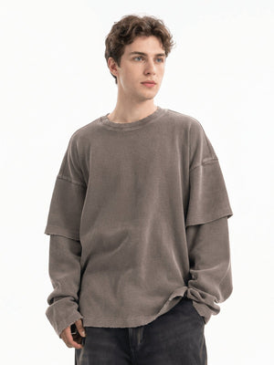 Layered Waffle Knit Long Sleeve Tee – Coffee Brown, on model front | XoKool
