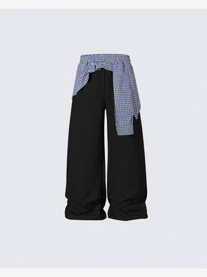 Layered Wide Leg Jogginghose mit Vichy-Karo Hemdbund – Schwarz, Vorderansicht | XoKool
