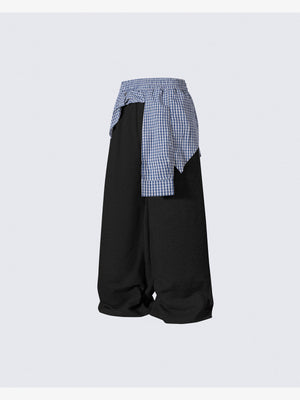 Layered Wide Leg Sweatpants with Gingham Shirt Waist – Black, side view | XoKool