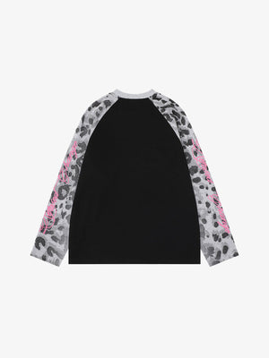 Leopardenmuster Ärmel Raglan Longsleeve – Schwarz, Vorderansicht (alternativ) | XoKool