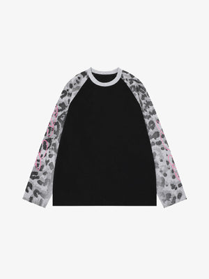Leopardenmuster Ärmel Raglan Longsleeve – Schwarz, Vorderansicht | XoKool