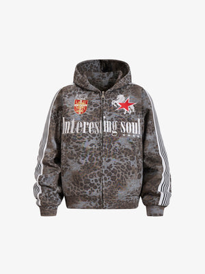 Leo-Print Zip Hoodie mit gesticktem Wappen – Dunkelgrau Leo, Vorderansicht | XoKool