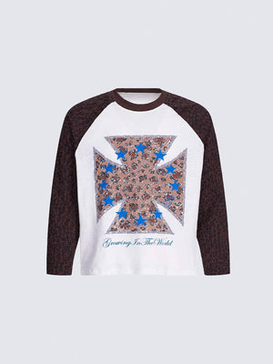 Leopard Raglan Long Sleeve Tee with Cross Graphic – White/leopard, front flat | XoKool