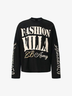 Letter Print Waffle Long Sleeve Shirt – Black, front view | XoKool