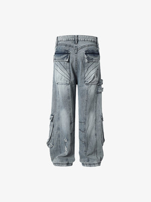 Light Blue Distressed Denim Cargo Pants – flat back | XoKool