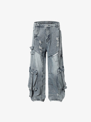 Light Blue Distressed Denim Cargo Pants – flat front | XoKool