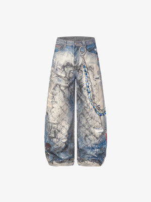 Light Blue Printed Baggy Jeans with Chain – front view flat | XoKool