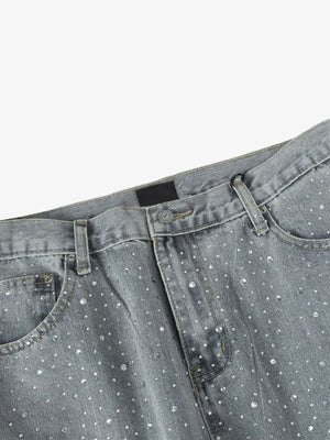 Rhinestone baggy jeans – Light Blue, front waistband close-up | XoKool