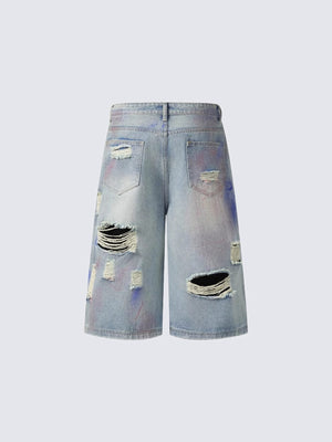 Baggy Jorts im Light Wash mit Rissen und Farbspritzern – Rückansicht flach | XoKool