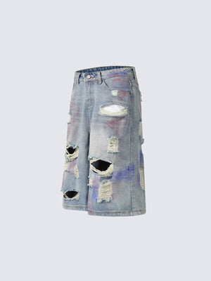 Baggy Jorts im Light Wash mit Rissen und Farbspritzern – Seitenansicht flach | XoKool