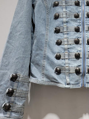 Light Wash Denim Hussar Jacket with Metal Buttons – front and cuff buttons close-up (hanging) | XoKool