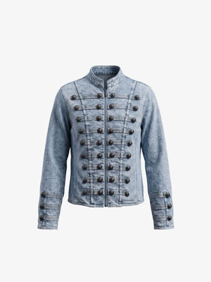 Light Wash Denim Hussar Jacket with Metal Buttons – Light Wash Blue, front view | XoKool