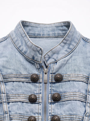 Light Wash Denim Hussar Jacket with Metal Buttons – stand collar and buttons close-up | XoKool