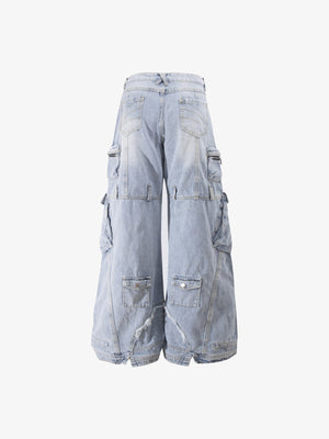 Light Wash Wide Leg Cargo Jeans with Flap Pockets – back flat | XoKool