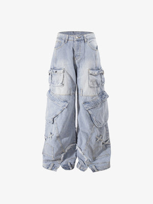 Jeans cargo de pierna ancha con efecto lavado claro y bolsillos con solapa – azul claro, frente plano | XoKool