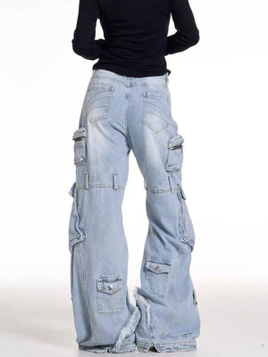Light Wash Wide Leg Cargo Jeans with Flap Pockets – on model, back | XoKool