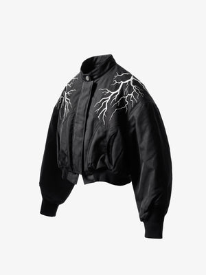 Lightning Bolt Embroidered Cropped Bomber Jacket – Black, side view | XoKool