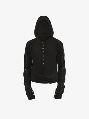 Henley ligera con capucha y puños con broches – Negro, frente en plano | XoKool