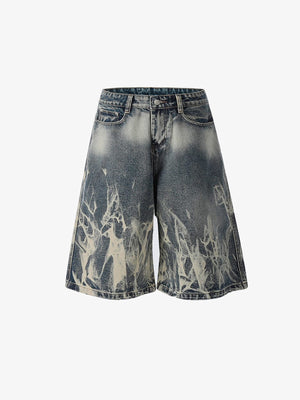 Long Baggy Jorts with Bleached Flame Wash – flat front | XoKool