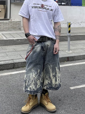Flame wash jorts – on model, full, street | XoKool