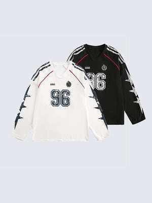 Long Sleeve V-Neck Jersey with Number 96 Print – White and Black, front | XoKool