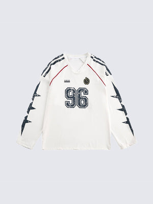 Long Sleeve V-Neck Jersey with Number 96 Print – White, front flat view | XoKool