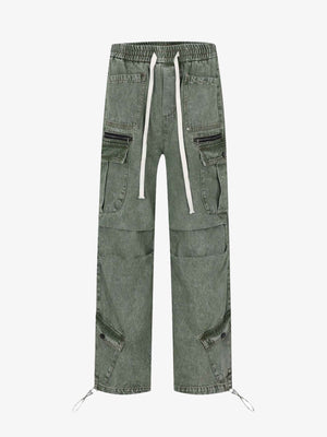 Washed Grüne Baggy Cargo Jeans mit Kordelzug – Grün, Vorderseite flach | XoKool