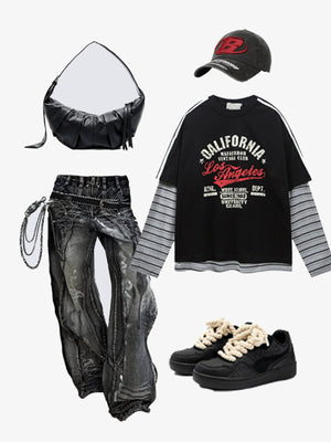 Los Angeles Layered Tee with Striped Sleeves – Black, flat lay outfit with bag, cap, jeans, sneakers | XoKool